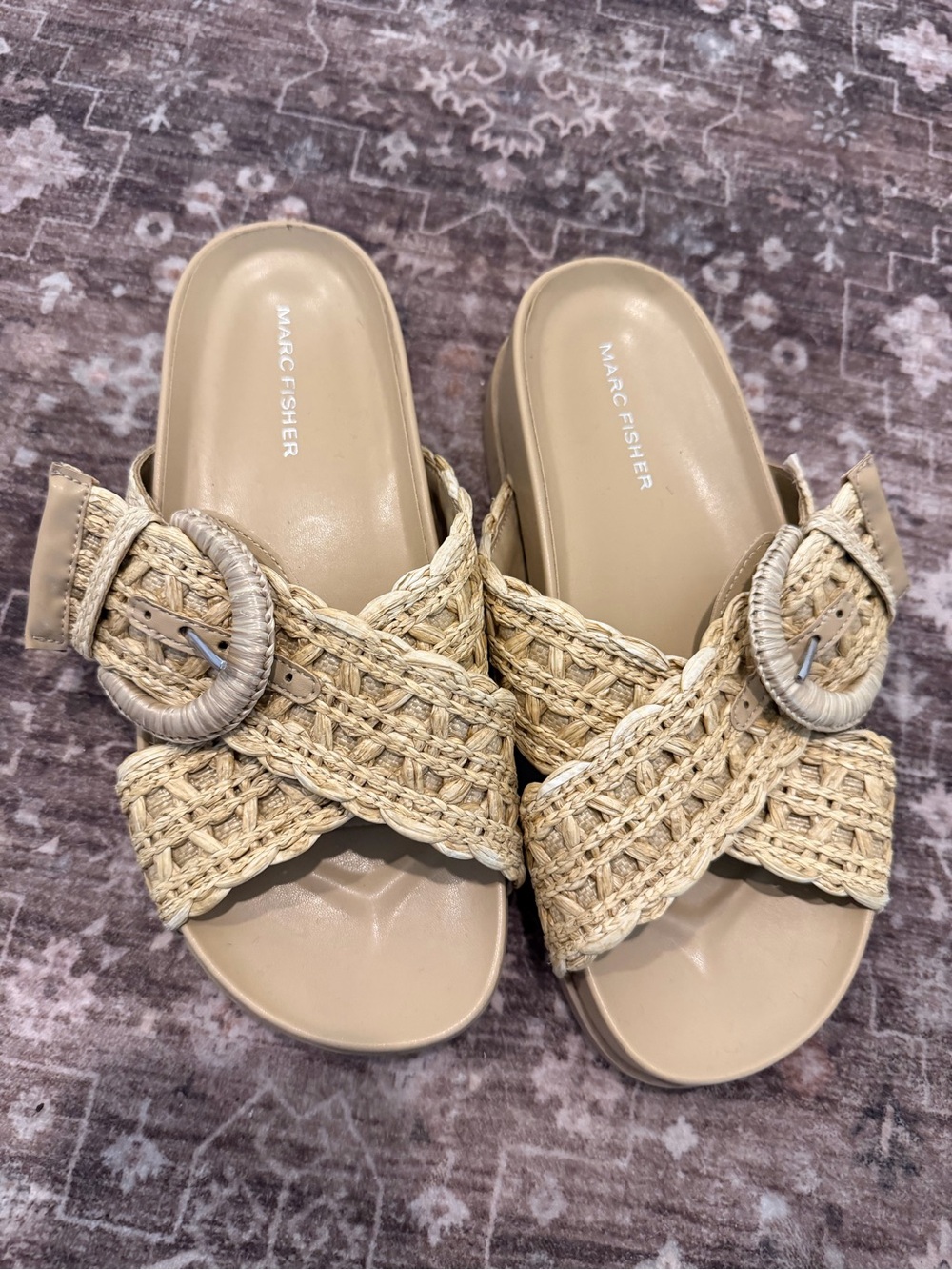 Marc Fisher Braided Buckle Slide Sandals in Natural Beige